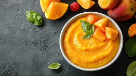 A bowl of baby puree with fruits, space for copy besideの素材