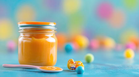 A jar of baby food with a spoon and small toy, ample room for copyの素材