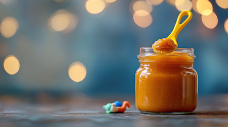 A jar of baby food with a small toy and spoon, ample room for copyの素材