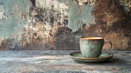 A coffee cup with a saucer on a rustic background, with room for copyの素材
