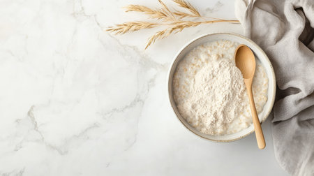 Baby cereal in a bowl with a spoon, ample room for brandingの素材