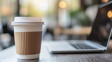 A coffee cup with a laptop beside it, with ample space for brandingの素材