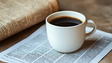 A coffee cup with a newspaper beside it, with ample space for textの素材