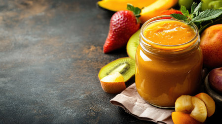 A jar of baby food with a napkin and fruits, space for copy besideの素材