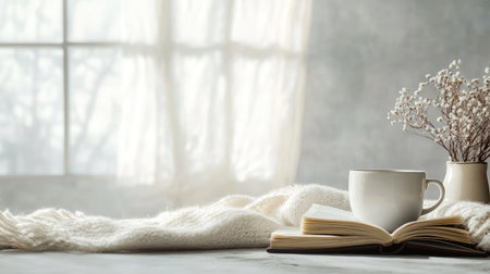 A cozy coffee setup with a book, and free space for branding or textの素材