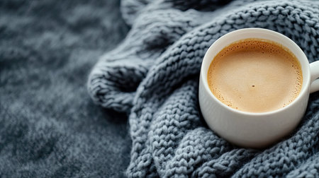 A warm coffee cup on a cozy woolen scarf, with free space for copyの素材