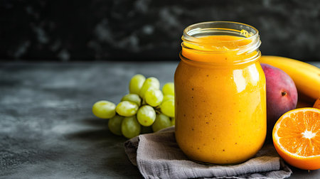 A jar of baby food with a napkin and fruits, space for copy besideの素材