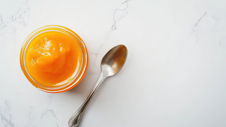 A jar of baby food with a spoon on a white background, space for textの素材