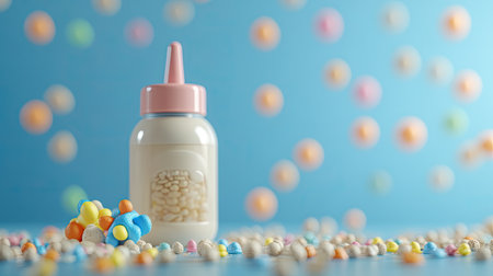 Baby cereal with a bottle and small toy, with room for brandingの素材