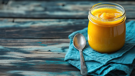 A jar of baby food with a spoon and napkin, space for copy besideの素材