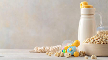 Baby cereal with a bottle and small toy, with room for brandingの素材