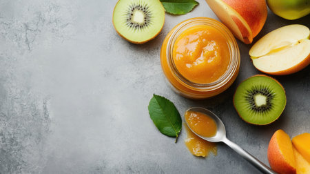 A jar of baby food with fruits and a spoon, space for copy besideの素材