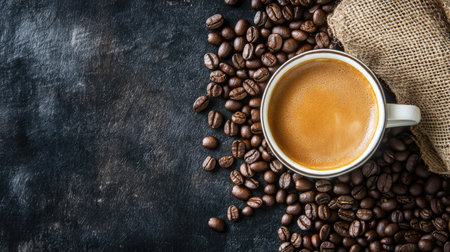 A warm cup of coffee surrounded by coffee beans, with ample space for brandingの素材