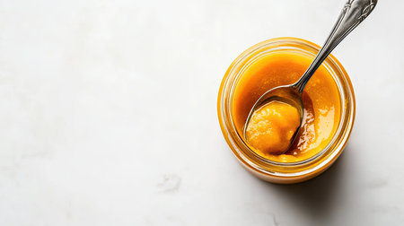 A jar of baby food with a spoon on a white background, space for textの素材