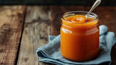 A jar of baby food with a spoon and napkin, ample room for copyの素材