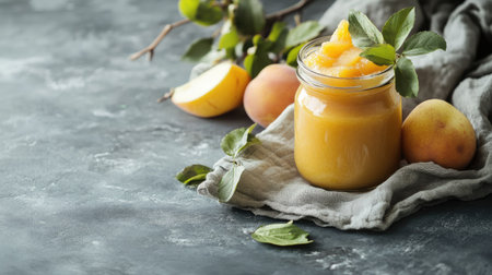 A jar of baby food with a napkin and fruits, space for copy besideの素材