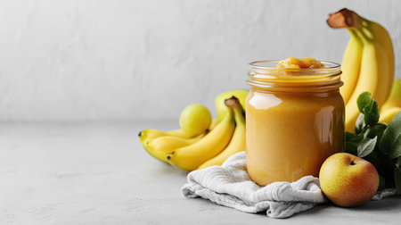 A jar of baby food with a napkin and fruits, space for copy besideの素材