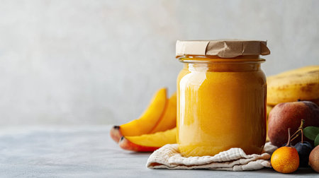 A jar of baby food with a napkin and fruits, space for copy besideの素材