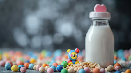 Baby cereal with a bottle and small toy, ample room for brandingの素材