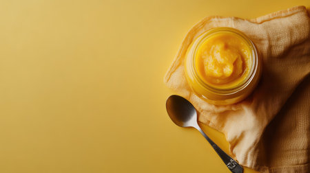A jar of baby food with a spoon and napkin, ample room for copyの素材