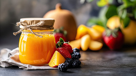 A jar of baby food with a napkin and fruits, ample room for copyの素材