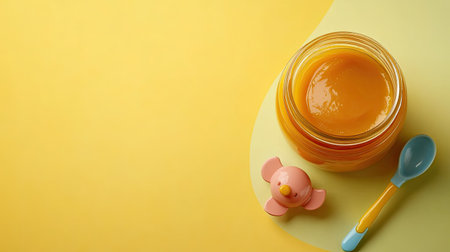 A jar of baby food with a spoon and small toy, ample room for copyの素材
