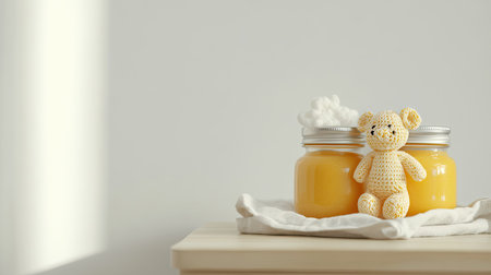 Baby food jars with a small toy and napkin, with room for brandingの素材
