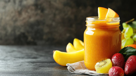 A jar of baby food with a napkin and fruits, space for copy besideの素材