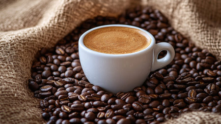 A warm cup of coffee surrounded by coffee beans, with ample space for brandingの素材