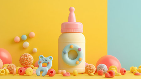 Baby cereal with a bottle and small toy, with room for brandingの素材