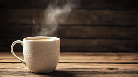 A steaming coffee mug on a wooden table, with ample space for copyの素材