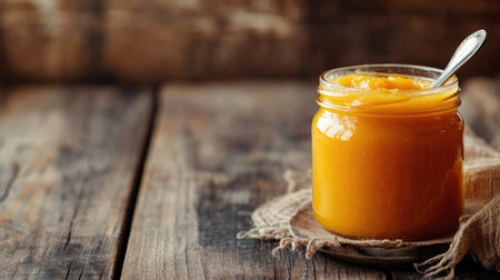 A jar of baby food with a spoon on a wooden table, space for brandingの素材