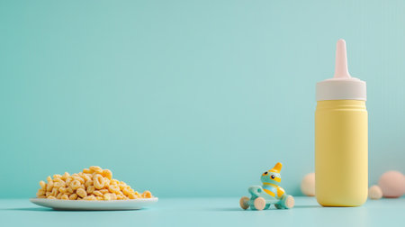 Baby cereal with a bottle and small toy, with room for brandingの素材
