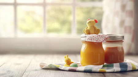 Baby food jars with a small toy and napkin, with room for brandingの素材