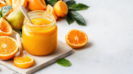 A jar of baby food with fruits and a spoon, space for copy besideの素材