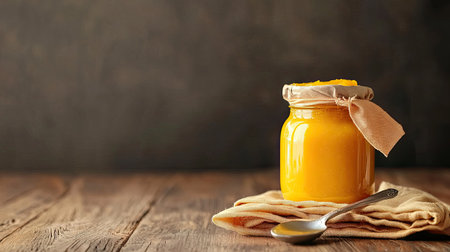 A jar of baby food with a napkin and spoon, space for copy besideの素材