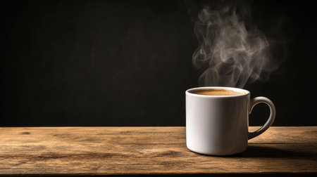 A steaming coffee mug on a wooden table, with ample space for copyの素材
