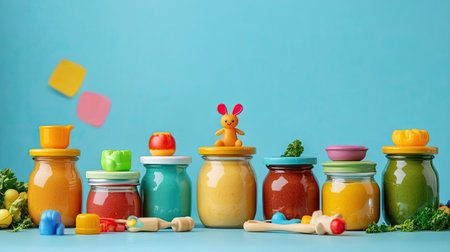 Assorted baby food jars with a small toy, with room for brandingの素材