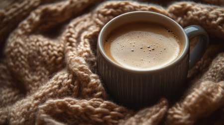 A warm coffee cup on a cozy woolen scarf, with free space for copyの素材