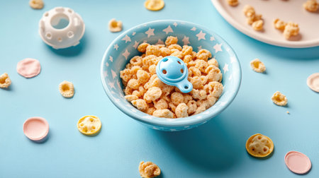 Baby cereal in a bowl with a pacifier, ample room for brandingの素材
