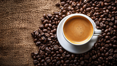 A warm cup of coffee surrounded by coffee beans, with ample space for brandingの素材