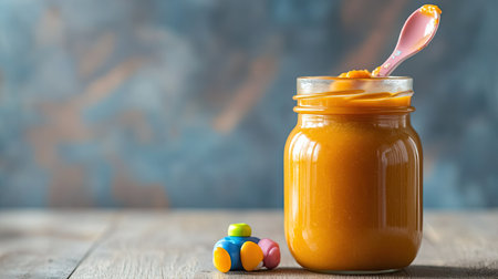 A jar of baby food with a spoon and small toy, ample room for copyの素材
