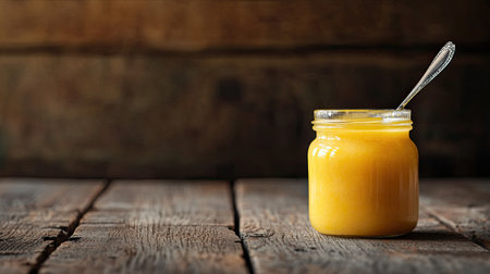A jar of baby food with a spoon on a wooden table, space for brandingの素材