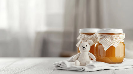 Baby food jars with a small toy and napkin, with room for brandingの素材