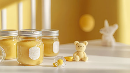 Baby food jars with a pacifier and small toy, ample room for brandingの素材