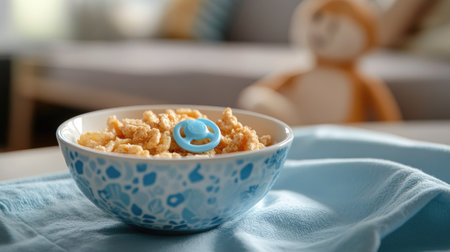 Baby cereal in a bowl with a pacifier, ample room for brandingの素材