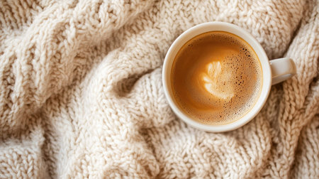 A warm coffee cup on a cozy blanket, with open space for text aboveの素材