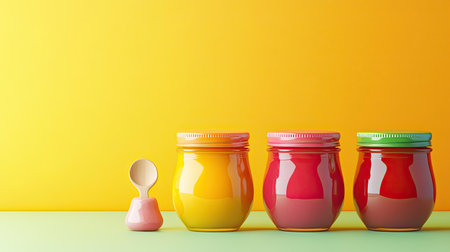 Baby food jars with a small toy and spoon, with room for brandingの素材