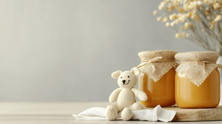 Baby food jars with a small toy and napkin, with room for brandingの素材