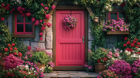 Brightly painted front door of a cozy cottage, surrounded by flowers. No people. Text spaceの素材